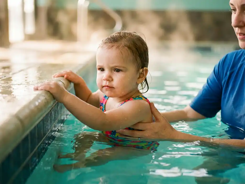 Jong kind in felgekleurde badkleding houdt zich vast aan de rand van een binnenzwembad, begeleid door een zweminstructeur.