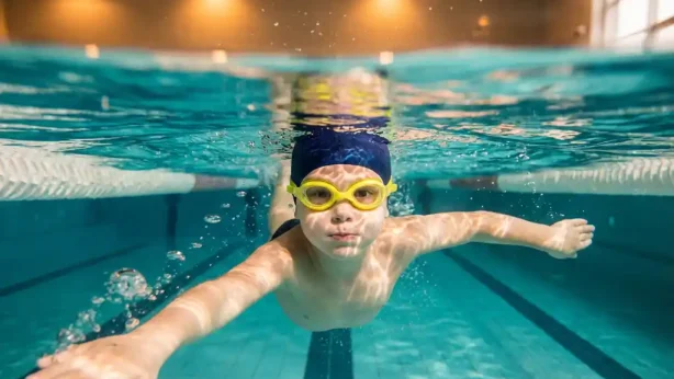 Jong kind zwemt zelfverzekerd in overdekt zwembad met zwembril, armen in slagbeweging, turquoise water met lichtreflecties.