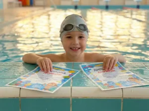 Jong kind houdt trots twee zwemdiploma's omhoog aan de rand van een helder binnenzwembad met turquoise water.
