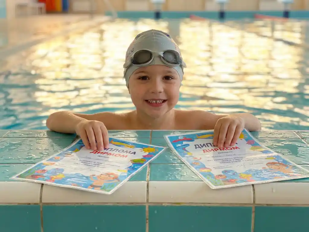 Jong kind houdt trots twee zwemdiploma's omhoog aan de rand van een helder binnenzwembad met turquoise water.