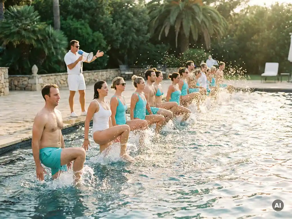 Volwassenen doen high-knees tijdens aquarobics in een zonnig buitenzwembad, begeleid door een instructeur aan de rand.